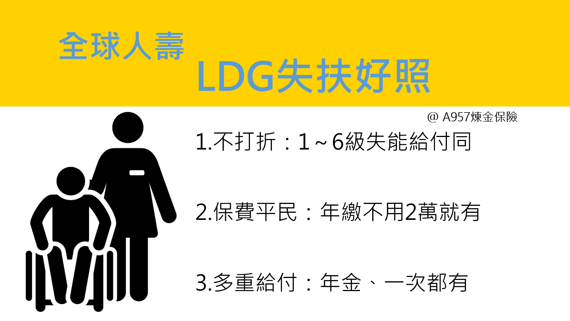 全球LDG失扶好照，推薦失能險主約，搭配XHR，年繳便宜，家庭通用